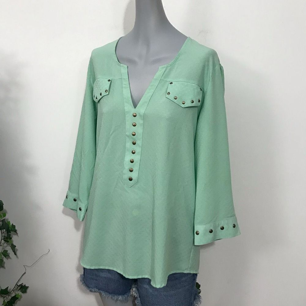 Womens Wrangler‎ Rock 47 3/4 Sleeve V Neck Green Studded Blouse Size L - Picture 12 of 13
